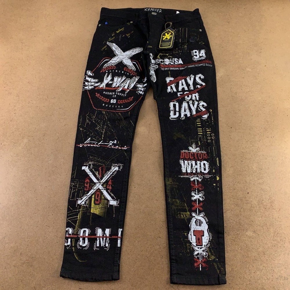 Xway Mens 30 x 30 Black Stretch Graffiti Dr Who Rays For Days Straight Jeans NWT